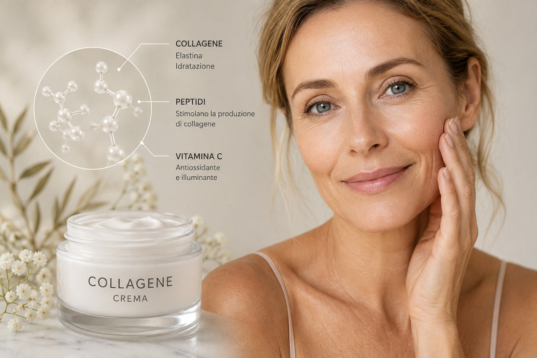 Vasetto di crema viso aperto su superficie marmorea — il collagene nelle creme funziona davvero o è solo marketing?